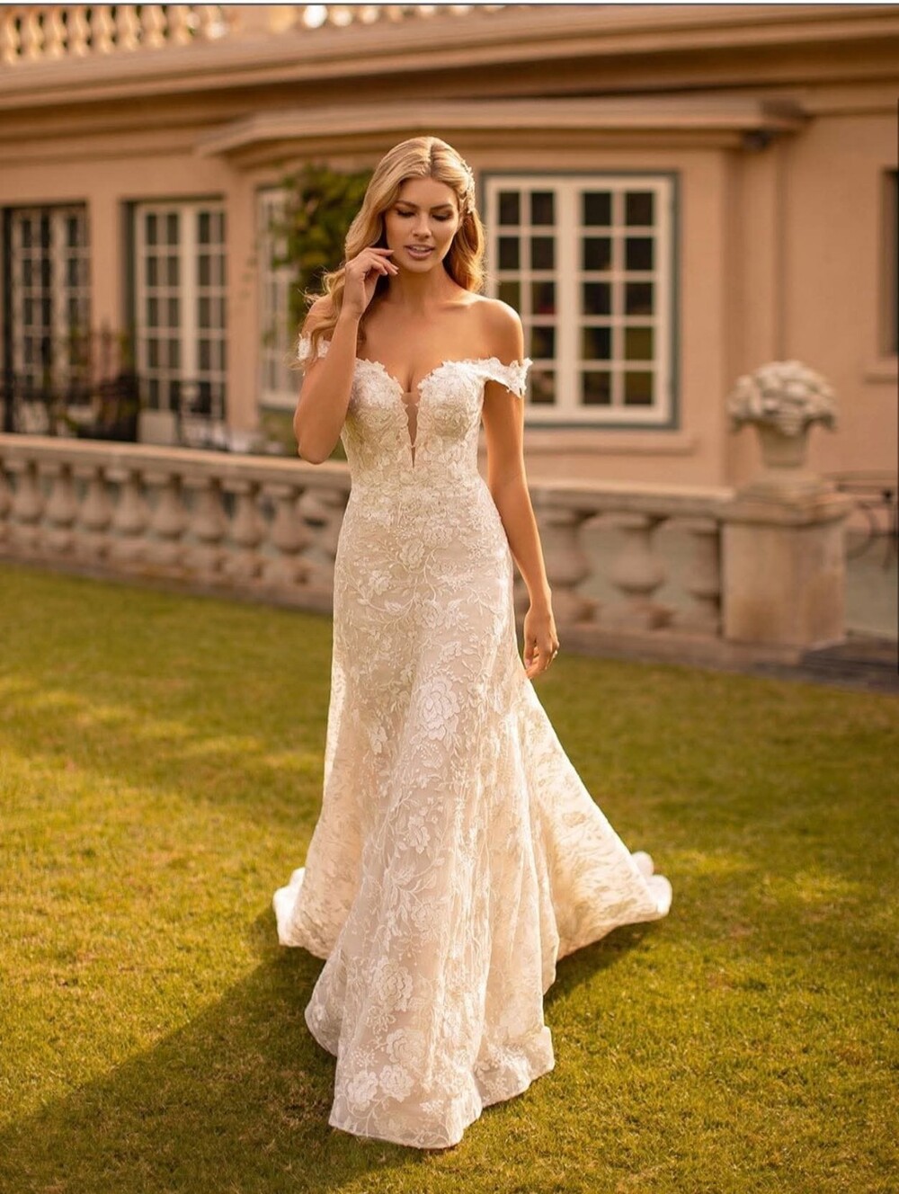 Moonlight Bridal Off-Shoulder Lace Bridal Gown in Ivory